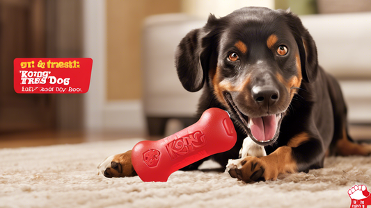 Create an image featuring a happy, energetic dog joyfully playing with a Kong Extreme Goodie Bone. The background should be a cozy living room with soft lighting, showcasing the dog's comfort and enjo