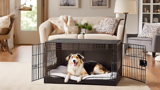 Create an image of a cozy living room with several well-designed dog crates from Petco arranged neatly. Each crate varies in size and style, showcasing different features such as foldability, double d
