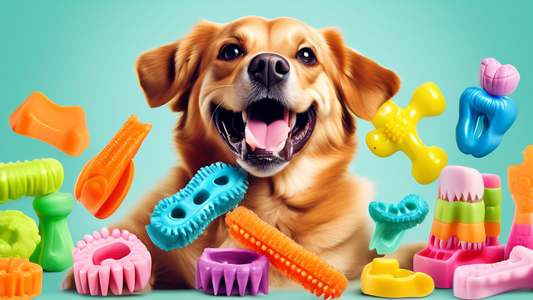 Create an image showcasing a variety of top-rated dental chew toys for dogs, displayed in a visually appealing way. Include different shapes, colors, and textures of chew toys, specifically highlighti