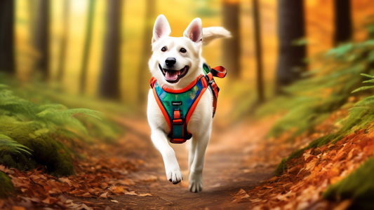 Create an image of a joyful dog exploring a scenic forest trail while wearing a colorful, well-designed harness. The dog should look excited and free, with vibrant hues on the harness creating an appe