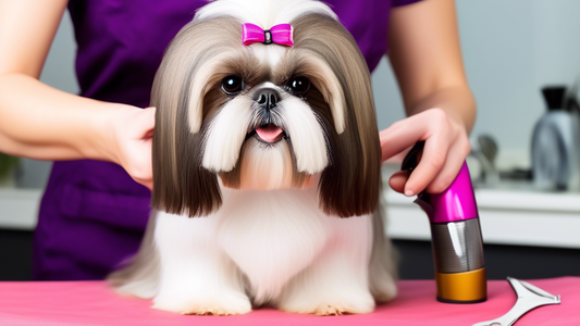 Create a detailed and vibrant image of a Shih Tzu being groomed with top-quality dog clippers. The Shih Tzu should look well-groomed and happy, with a beautiful, silky coat. The grooming area should b