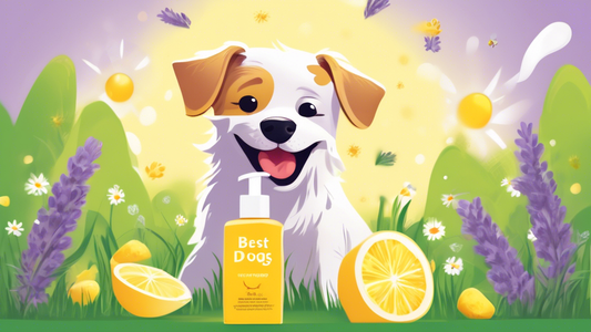 A high-quality shampoo bottle labeled 'Best Solutions for Smelly Dogs' surrounded by natural ingredients like lavender, chamomile, and lemon. In the background, a happy, freshly-bathed dog with a shin