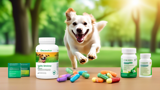 An image depicting a happy, energetic dog running in a lush, green park with a variety of joint care supplements displayed on a table nearby. The supplements are in colorful packaging with labels that