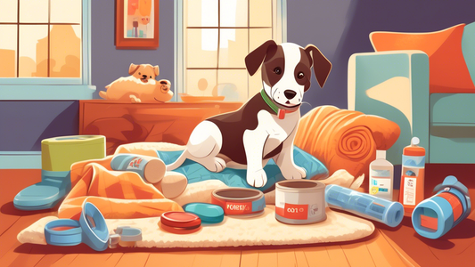 A colorful and cheerful illustration of a new puppy surrounded by essential supplies such as a comfortable dog bed, chew toys, puppy food, water and food bowls, a leash, a collar with a name tag, trai