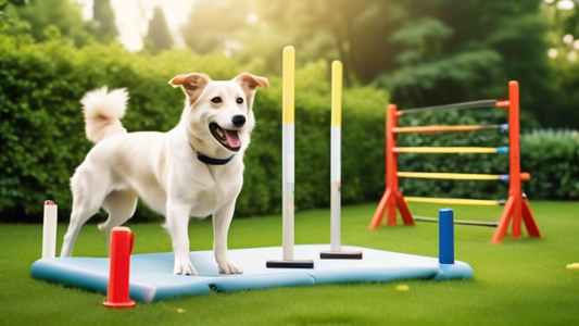 Create an image of a well-equipped dog training area in a backyard. Include various dog training devices such as agility poles, a clicker, a treat pouch, a set of hurdles, a balance beam, a whistle, a