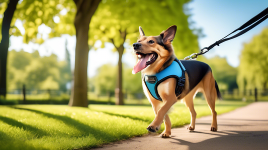 Create an engaging image showcasing a happy dog wearing an Easy Walk No Pull Harness while walking with its owner in a beautiful park. The harness should be clearly visible, and the dog should appear
