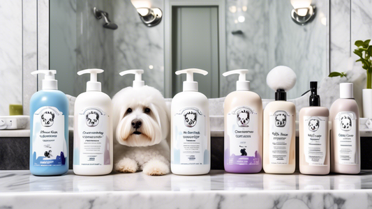 Create an image of a gleaming white bathroom with a variety of high-quality dog shampoos and conditioners displayed neatly on a marble countertop. In the foreground, have an array of happy, well-groom