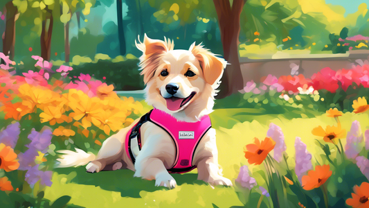A cheerful dog wearing a cozy, vibrant Puppia Soft Vest Harness, basking in the sun at a beautiful, lush park. The dog looks relaxed and happy, surrounded by colorful flowers and greenery, highlightin