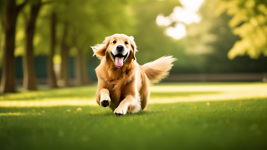 Create a high-quality image of a happy Golden Retriever participating in a training session with a caring owner. The scene should be set in a lush green park with the Golden Retriever performing vario