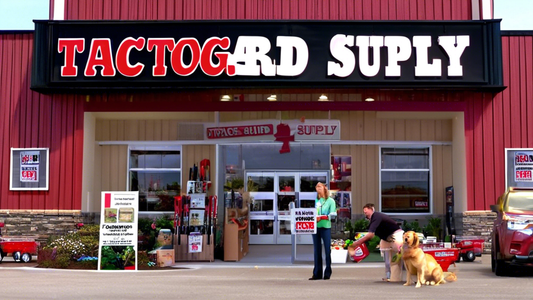 An image showing the exterior of a Tractor Supply store with a clear sign above the entrance. In front of the store, there's an appealing display featuring Heartgard products for dogs, including a che