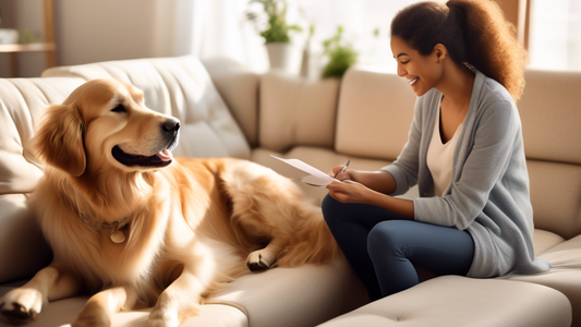 Create an image depicting a serene therapy session in a cozy, warmly lit room. A gentle, fluffy golden retriever sits calmly next to a smiling patient seated on a comfortable couch. The patient is gen