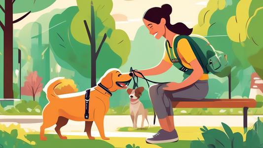 A cheerful dog owner adjusting a Halti harness on their happy, energetic dog in a sunny park. The scene shows a variety of Halti harnesses displayed on a nearby bench, illustrating different sizes and