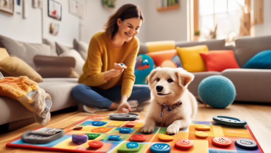 Create an image of a happy dog and its owner in a cozy living room setting, with colorful communication buttons laid out on a mat nearby. The owner is demonstrating how to use one of the buttons, whic