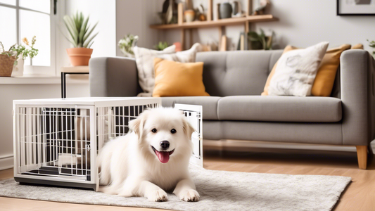 Create an image of a variety of stylish and well-designed white dog crates in a cozy and modern living room setting, showcasing different sizes, materials, and features. In the background, include a h