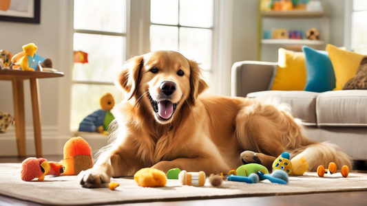 Create an image of a playful golden retriever in a bright, cheerful living room, enjoying a Starmark Everlasting Treat from a robust, engaging dog toy. The dog looks delighted, with its tail wagging e