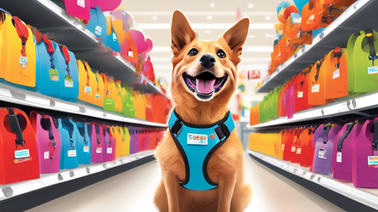 Create a bright and cheerful image inside a Petco store where a pet owner is trying different colorful dog harnesses on their happy dog. Show an aisle filled with various harness options, and a smilin