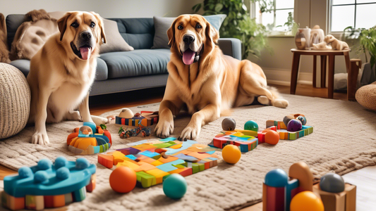 A group of large dogs of various breeds enjoying different types of puzzle toys in a cozy living room setting. The scene includes interactive treat-dispensing balls, complex maze toys, and sturdy chew