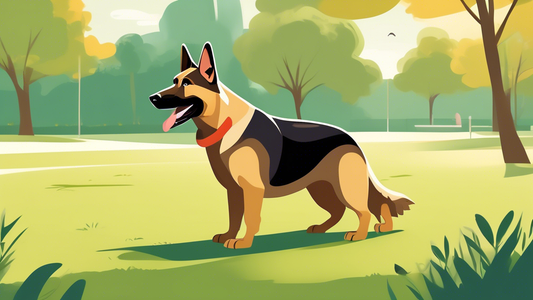 Create an image of a German Shepherd dog in a spacious, grassy park setting. Show a trainer demonstrating effective techniques such as positive reinforcement with treats, clicker training, and simple