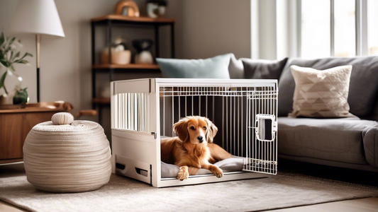 A cozy, well-designed small wire dog crate with a comfy bed inside, placed in a stylish, dog-friendly living room. A happy small dog is sitting inside the crate, looking content and relaxed. The backg