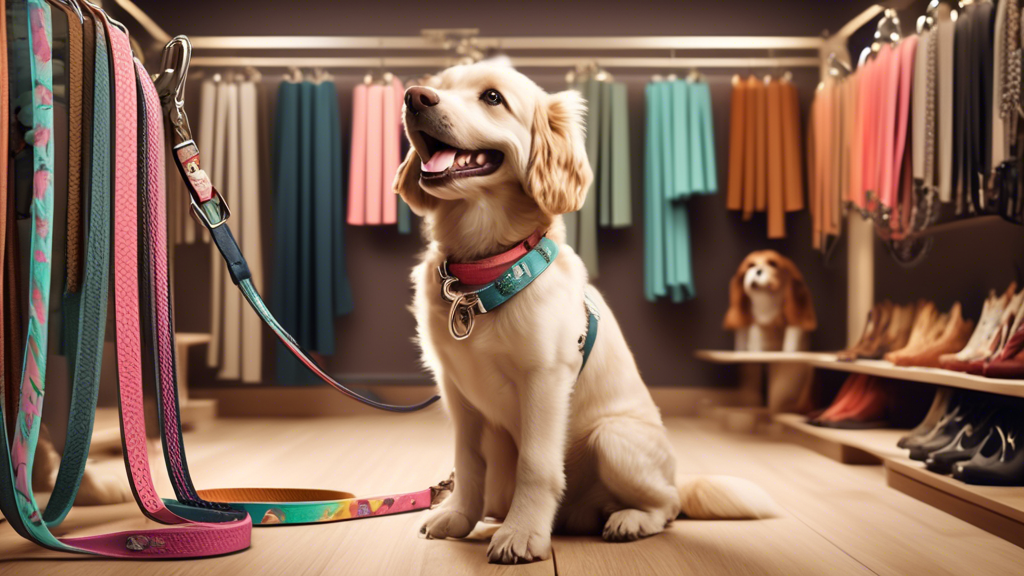 Create an image of a cozy pet boutique displaying a variety of stylish designer dog leashes. The leashes should come in different colors, patterns, and materials, such as leather, nylon, and eco-frien