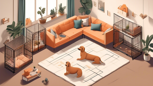 A top-down view of a cozy, modern living room with various 50-inch dog crates displayed side by side in an organized manner. Each crate is uniquely designed, showcasing different features such as buil