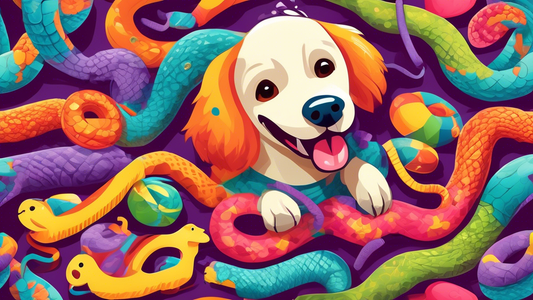 Create an image of a joyful dog playing with a variety of snake-themed dog toys, each designed uniquely with bright, engaging colors and textures. The background should feature a vibrant, playful indo