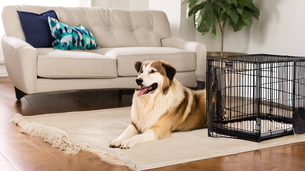 Create an image of a happy large dog inside a perfectly-sized, sturdy dog crate with chew-resistant features. The crate should have a comfortable bed inside and should be placed in a cozy living room