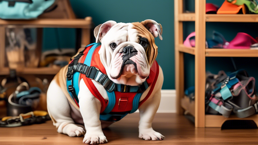 A photo of an English Bulldog trying on different harnesses. The scene showcases a variety of harness styles and colors, each designed specifically for the breed's unique body shape. The background fe