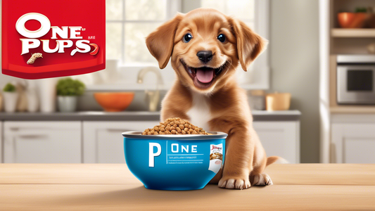Create an image of a joyful puppy eagerly eating from a bowl labeled Purina One Plus Puppy Food. The setting is a cozy kitchen with bright lighting, showing the puppy’s healthy, glossy coat and energe