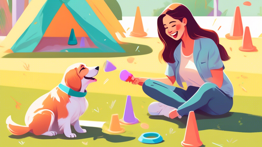 Prompt: A cheerful young woman kneeling on the grass, playfully engaging with an adorable, energetic puppy. Around them are training props like colorful cones, a clicker, and treats. In the background