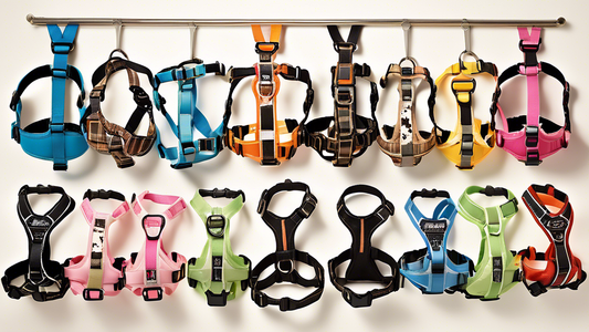 Create an image of a variety of stylish and functional dog harnesses displayed neatly, each designed for medium-sized dogs. Include a happy, medium-sized pup wearing a harness, with a few other harnes