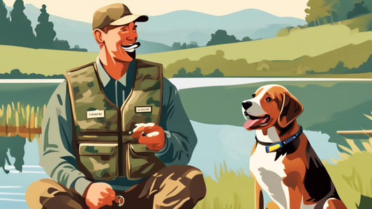 Create an image of an enthusiastic dog wearing a camo vest, sitting attentively next to its owner in a picturesque outdoor setting. The owner is holding a whistle and a training dummy, surrounded by f