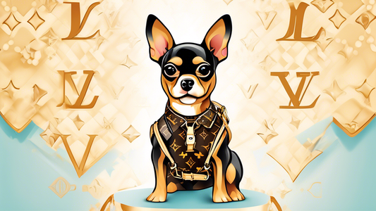 Create an image of a small, stylish dog wearing a luxurious Louis Vuitton (LV) dog harness. The harness should have the classic LV monogram pattern and golden accents. The dog is standing proudly on a