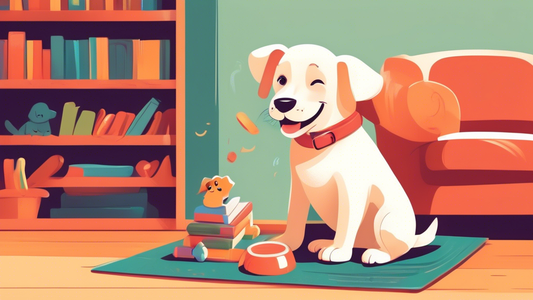 An adorable puppy sitting in a cozy living room, playfully biting a chew toy while a smiling owner gently guides its behavior. Background includes training aids, a comfortable dog bed, and a bookshelf