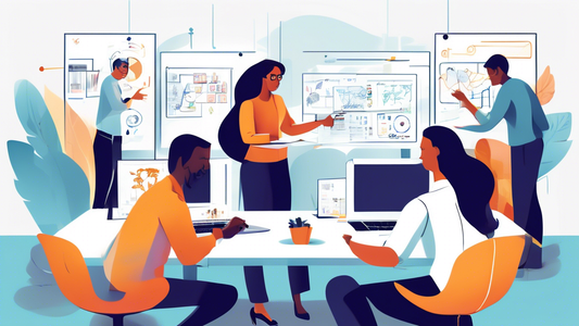 Create an illustration depicting a professional business setting with a team collaborating in a modern office. Half of the team is working on their laptops, while the other half engages in a strategy