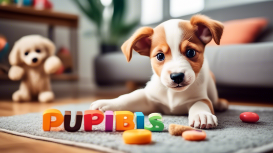 A cozy living room scene with a playful but well-behaved puppy surrounded by chew toys. A pet owner is gently redirecting the puppy's biting behavior with positive reinforcement, such as treats and pe