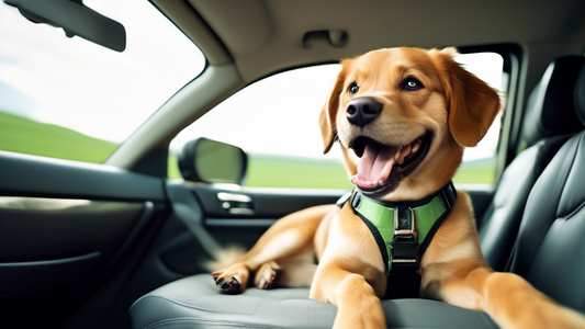 Create an image of a smiling dog comfortably seated in the back seat of a car, wearing a durable and stylish harness that is securely attached to a seatbelt. The car interior should be clean and moder