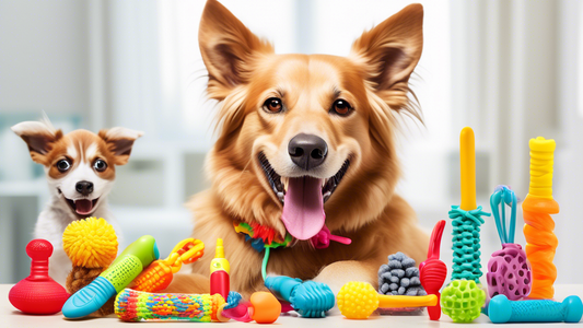 Create a colorful and engaging image featuring a variety of dental toys designed for dogs. Include items such as rubber chew toys, dental sticks, and rope toys with knots. Show happy dogs of different