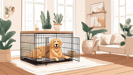 Create a detailed illustration of a cozy XL dog crate suited for a large dog, placed in a welcoming and stylish living room. The crate is comfortably furnished with plush bedding, a soft blanket, and