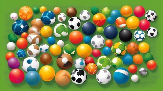 Create an image of various top-rated dog balls arranged neatly on a grassy field. The balls should be of different sizes, colors, and materials, showcasing features like durability and bounce. Include
