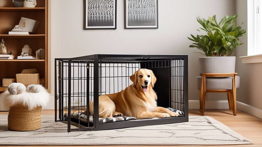 Create an image of a cozy, well-designed Dakota dog crate placed in a stylish living room. The crate has comfortable bedding inside and a happy, relaxed dog (perhaps a Golden Retriever or Labrador) ly