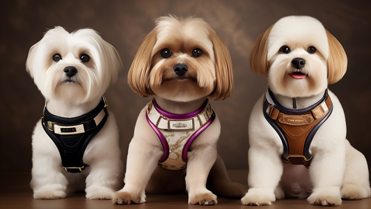 Create a high-resolution image of various luxury dog harnesses displayed in an elegant boutique setting. Each harness should feature unique, stylish designs with premium materials like leather, velvet