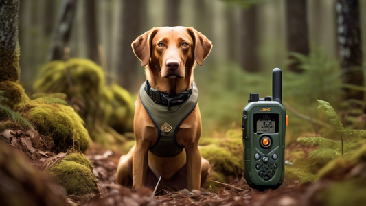 Create an image of a well-equipped hunting dog in a rugged outdoor setting, showcasing high-quality gear such as collars, vests, leashes, and GPS trackers. The dog, appearing alert and ready for actio