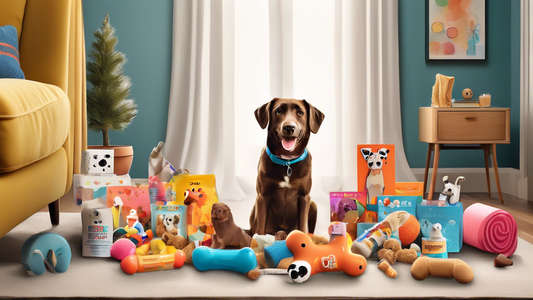Create an image of a joyful dog surrounded by various playful dog toys, treats, and accessories all emerging from a BarkBox subscription box opened in a cozy living room setting. The dog is wagging it