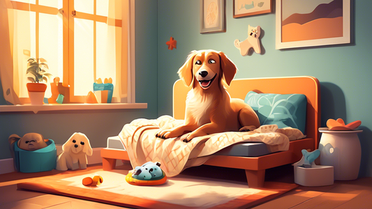 A detailed illustration of a happy dog resting comfortably on a raised cot bed in a cozy living room. Include elements like a soft blanket, a few dog toys scattered around, and a window with sunlight