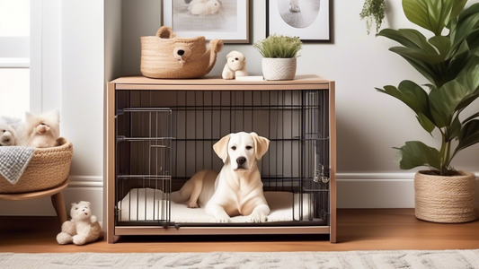 Create an image of a cozy and well-designed pet area in a home, focusing on a dog crate with a plush, comfortable crate pad inside. The pad should be well-cushioned and inviting, in soothing colors an