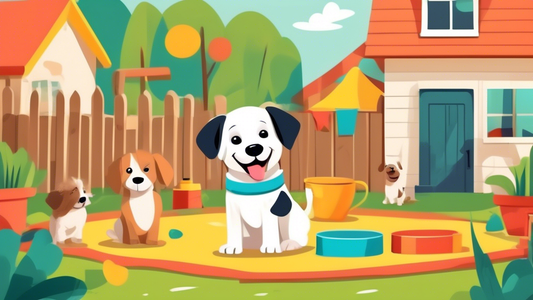 Create an image of a cheerful puppy being trained by a professional dog trainer in a cozy backyard setting. The background should include a colorful banner that says Local Puppy Potty Training Service