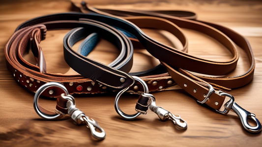 Create a detailed and realistic image of a variety of high-quality leather dog leads displayed on a wooden table. Include different colors and styles, such as braided, smooth, and embellished with met