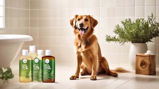 Create an image of a happy, clean dog with a shiny coat sitting in front of a bottle of tea tree dog shampoo. The dog's fur should look healthy and well-groomed. Surround the scene with natural elemen