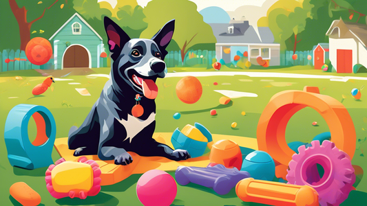 Create an illustration of a happy dog playing with a variety of Playology dog toys in a colorful, backyard setting. The toys should be highlighted and shown in various shapes, sizes, and textures to e